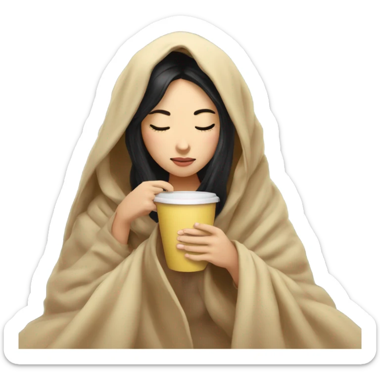 Asian girl inside a blanket sipping coffee eyes closed black hair sticker