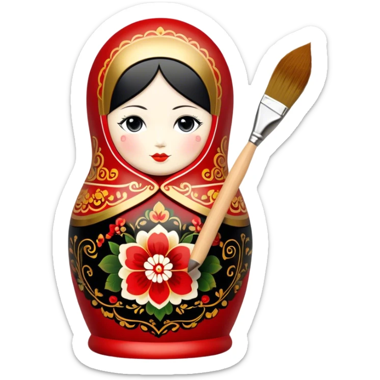Wooden doll painting icon, traditional Russian Matryoshka doll being painted with intricate Palekh or Khokhloma designs, visible paintbrush, vibrant red, gold, and black colors, unfinished doll with detailed patterns in progress, minimalistic style, clean lines, transparent background. sticker