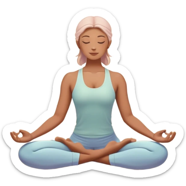 A peaceful person practicing yoga on a calm beach at sunrise, in a serene meditative pose. Soft pastel colors surround the scene, with gentle waves in the background and smooth, flowing lines representing balance and tranquility. The atmosphere feels centered and mindful. sticker