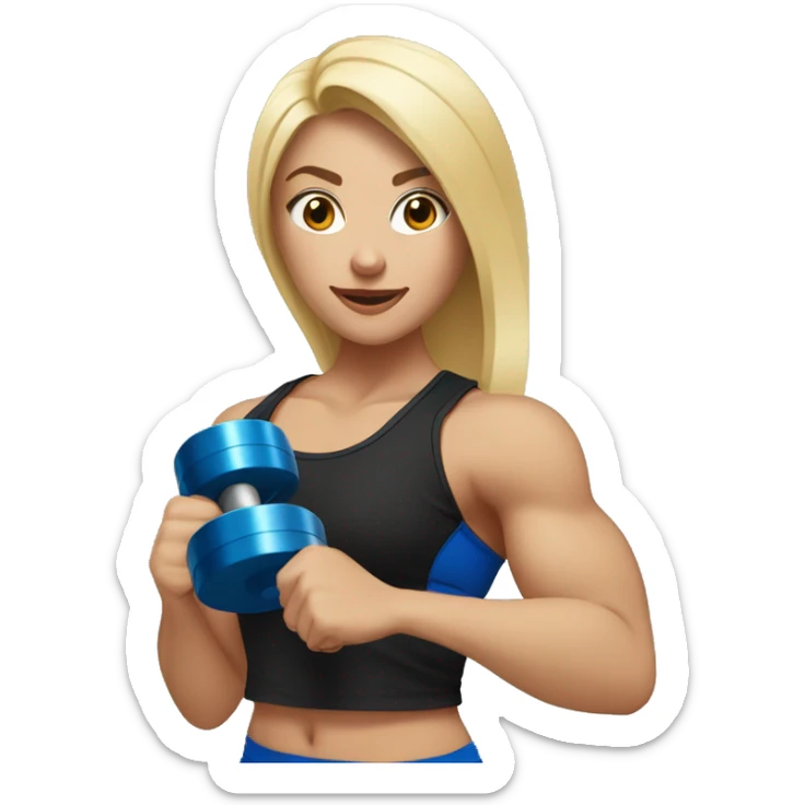 blonde woman working out with a black tank top and a blue shorts and she is holding a dumbell sticker