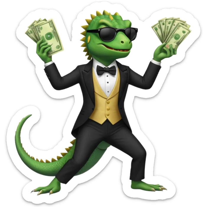 capitalist iguana banker in tuxedo and black sunglasses dancing crazy with money sticker