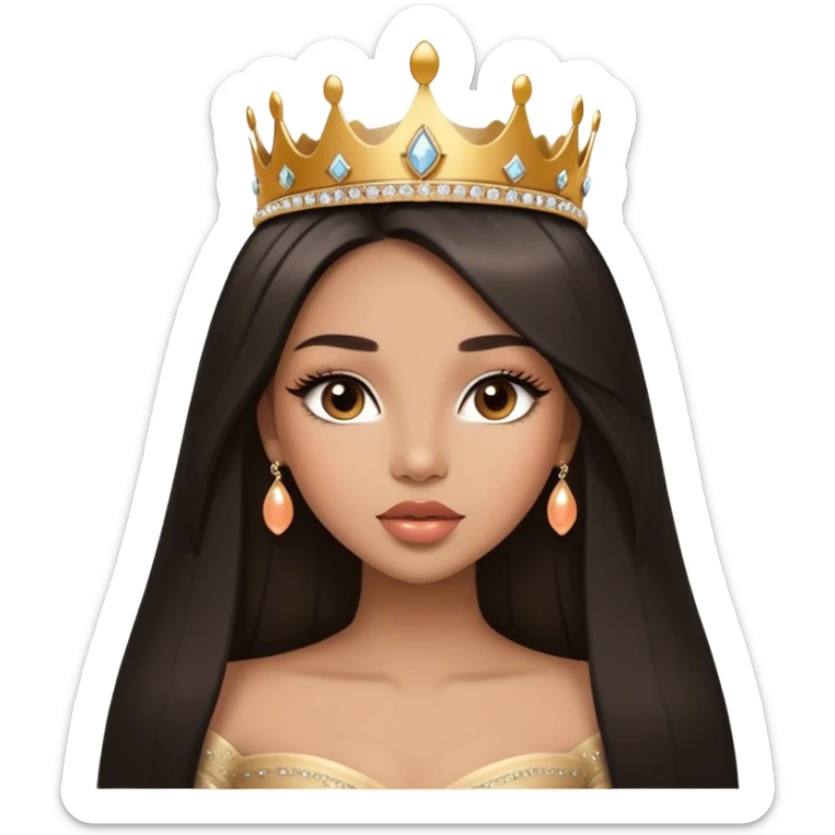 Glamourous princess, light brown skin tone, very beautiful girl, with big plump peach-beige lips, long long lashes, black straight smooth silky long hair, straight parting hair, brown eyes, gold tiara sticker