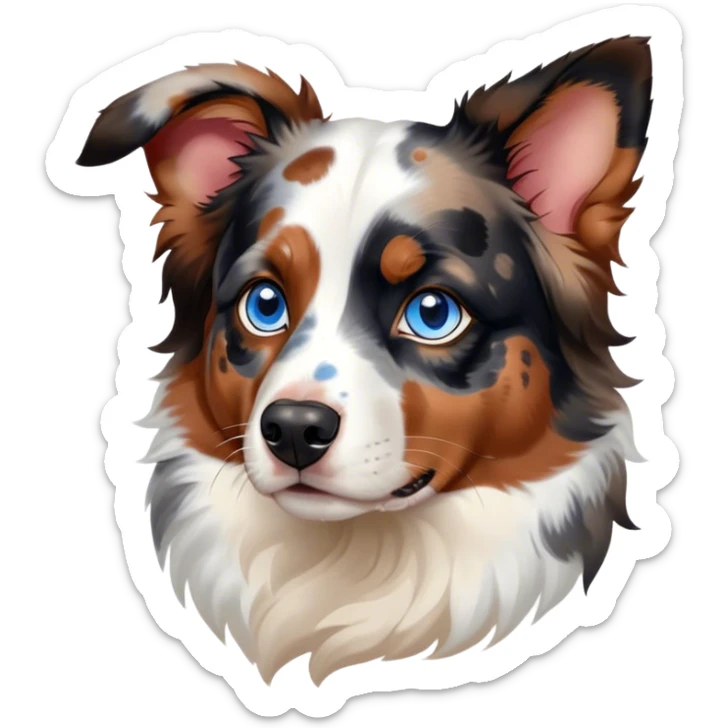 Cinematic Noble Calico Australian Shepherd Portrait Emoji, Poised and regal, with a strong, agile build and a predominantly white coat with calico merle markings of tan, black, and red, piercing blue eyes, Simplified yet sharp and sophisticated features, highly detailed, glowing with a soft, dignified glow, high shine, intelligent and loyal, stylized with an air of elegance, focused and attentive, soft glowing outline, capturing the essence of a watchful and confident herder, so majestic it feels as though it could step out of the screen with effortless authority! sticker