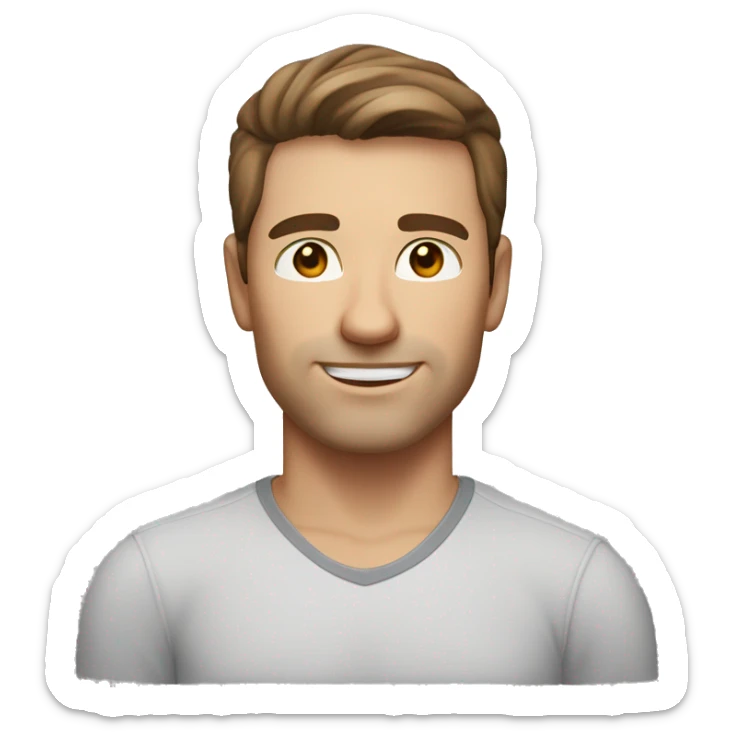 A head and shoulders shot of a 33 year old Caucasian man, with short brown hair,   with brown eyes wearing a t-shirt. sticker