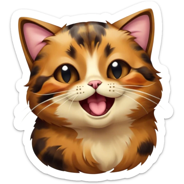 Cinematic Cute Yawning Tortoiseshell Cat Portrait Emoji, Head slightly tilted with a wide, adorable yawn and half-closed, dreamy eyes, featuring a warm, mottled fur of rich browns and blacks, simplified yet irresistibly cute, highly detailed, glowing with a soft, slumbering radiance, high shine, exuding a relaxed, drowsy charm, styled with a gentle, soft glowing outline, capturing the essence of a tortoiseshell cat in a precious moment of sleepy delight! sticker