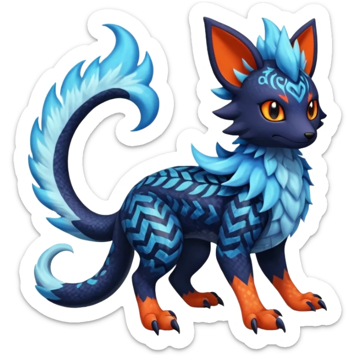 
Canine-Litten-Amaura-Salandit-Noibat-Flareon-Fakémon-fusion (full body) with intricate pattern markings sticker