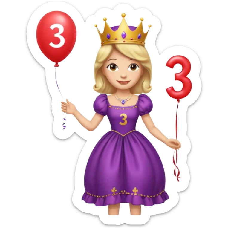queen wearing dress, holding balloon in shape of number 3 sticker