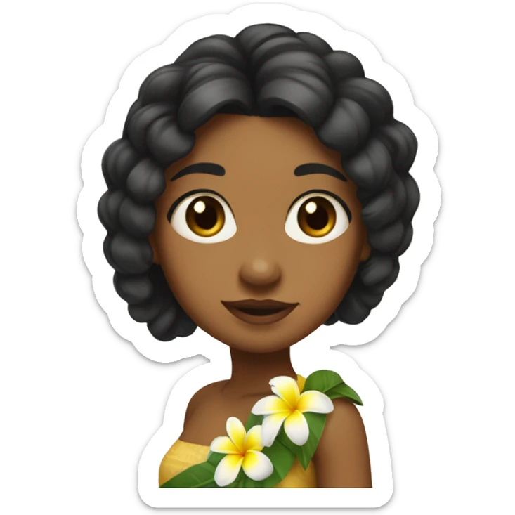 Brown Island girl with long black hair and a plumeria head lei sticker