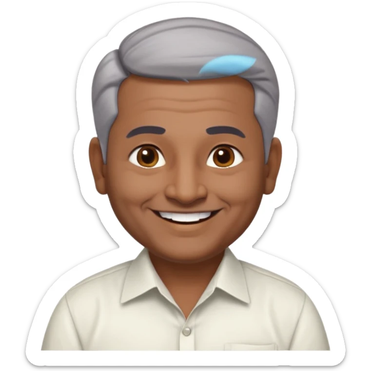 50 yr old indian man, dark skin, grey hair, big smile, white teeth, chubby, no moustache, clean shaven, young style hair, hair brushed back, 5 oclock shadow, bindy, dress shirt, forehead dot, chubby, religious sticker