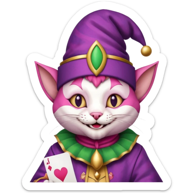 court jester cat medieval, single poker card joker clearly visible, pink, face only sticker