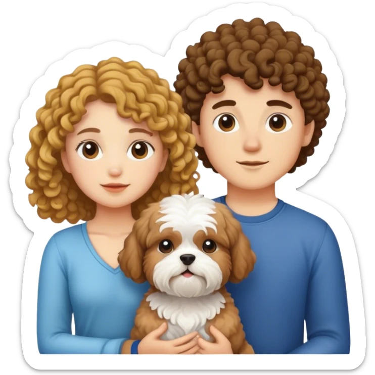 una pareja joven con un perro shitzu. La chica con pelo rizado, el chico piel blanca y sin barba sticker