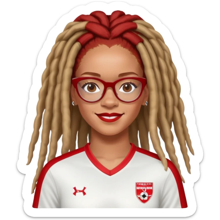 Rihanna with freckles and soccer mom dreadlocks island red and white jersey and cateye eyeglasses beautiful smile sticker