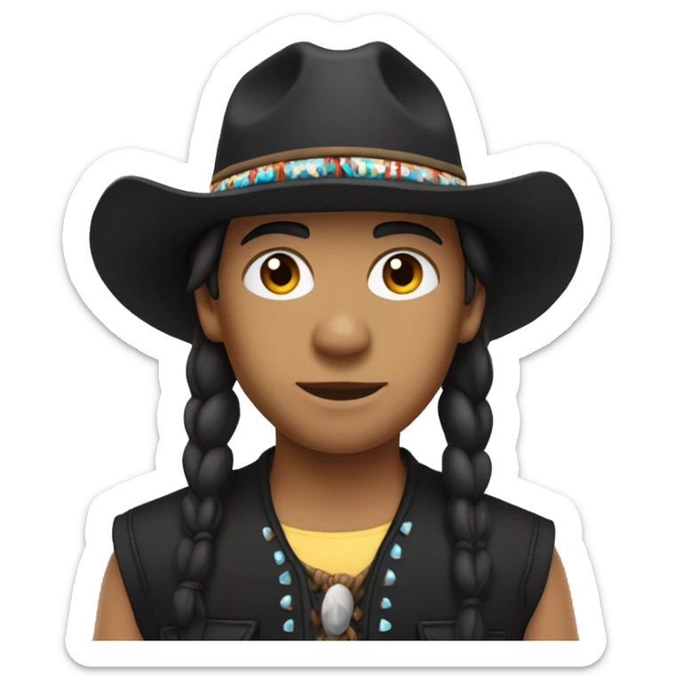 native american with a black bucket hat and a black vest and western shirt sticker