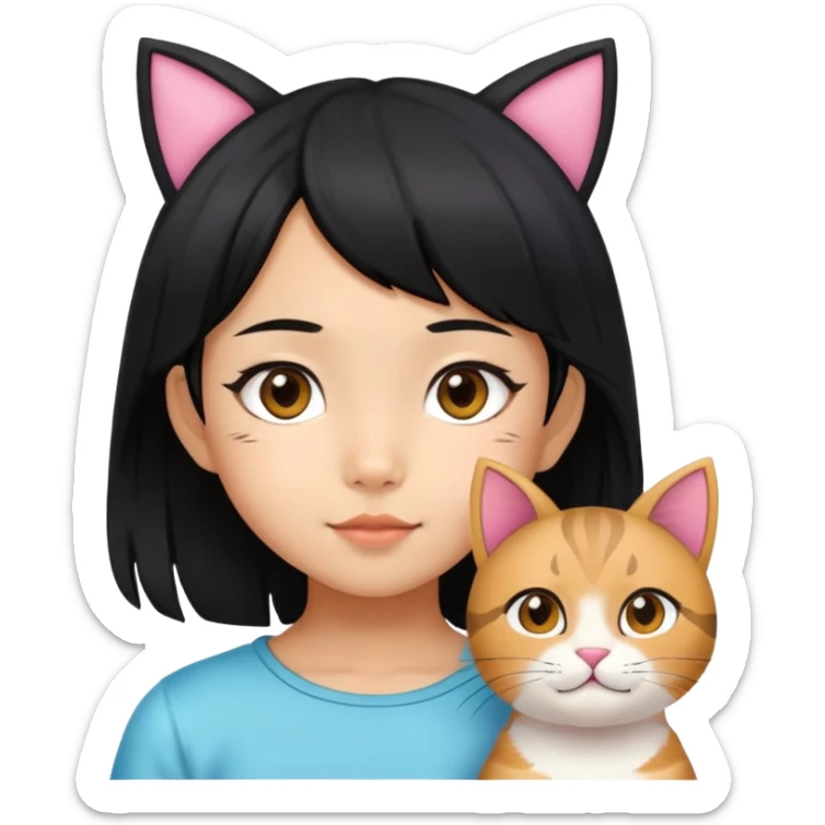 6 years old black hair asian girl with a cat ears sticker