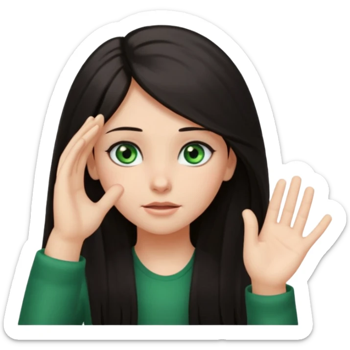 Animated girl dark long hair green eyes emoji holding right side of the head with her hand with duh facial expression , hand on top of her head sticker
