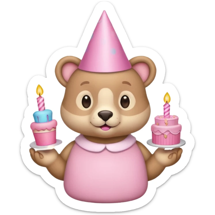 cute animal hold a pink birthday cake in both arms with pink birthday hat sticker