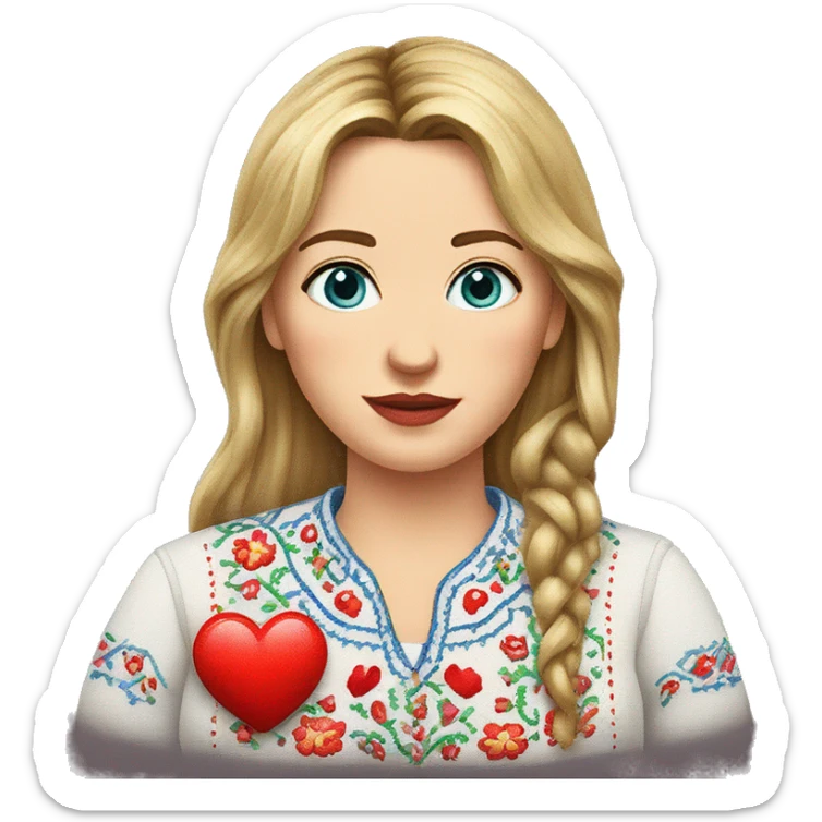 A Ukrainian woman in an embroidered shirt holds a heart in her hands sticker
