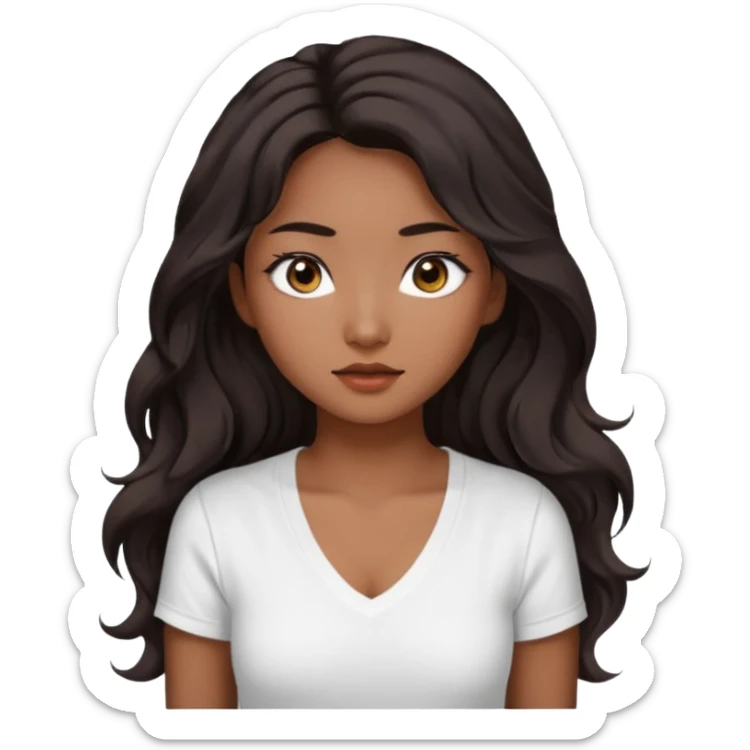iOS style emoji. A girl with very long dark brown wavy hair. And the eyes color is dark brown. And she is wearing white t shirt with V kneck. And she is 30. She is Asian with double eyelids  sticker