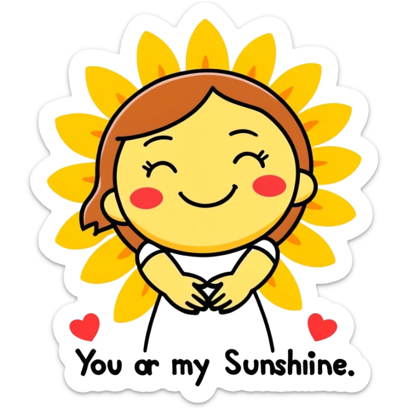 A smiling sun hugging a little girl with hearts around them and the words ‘You are my sunshine’ in soft pastel colors. sticker