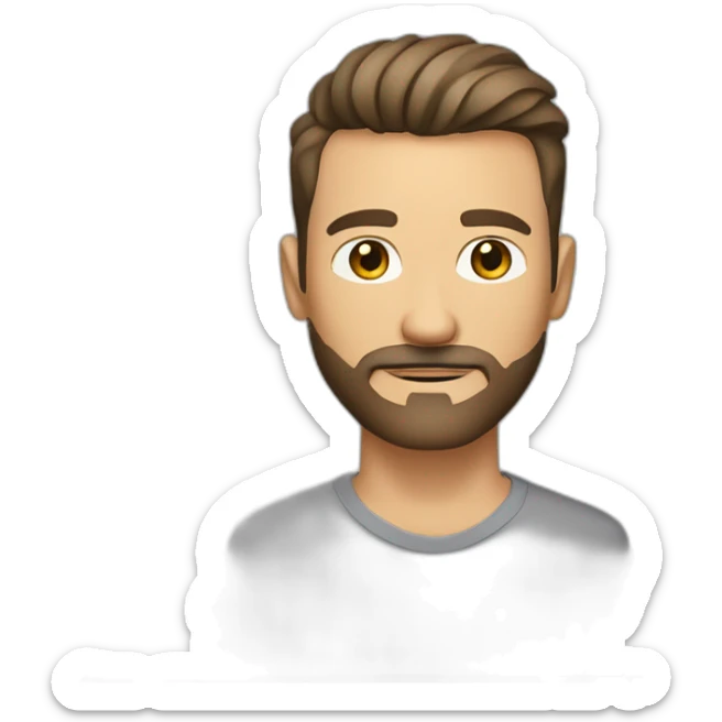 White man with slight sun kissed tan, dark brown eyes and undercut fade hairstyle. He has beard stubble and mustache trimmed. Cool clothing, hair styled sideways backwards. sticker