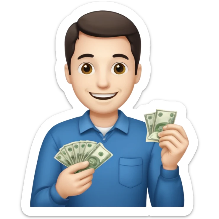 Make an emoji of a photorealistic adult man holding money in his hands. He has a smile on his face. He looks like an adult. the skin should be white. 4 options sticker