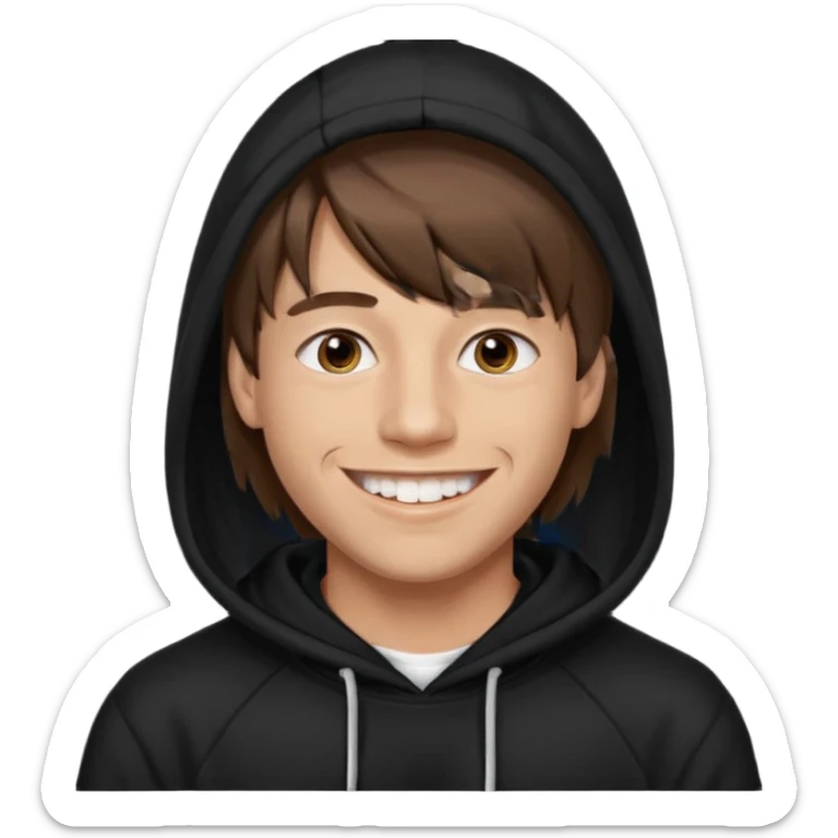 20 yr old man, brown hair, straight, big smile, white teeth, tanned skin, bangs, black hooded sweatshirt, long hair in back, center-parted bangs sticker