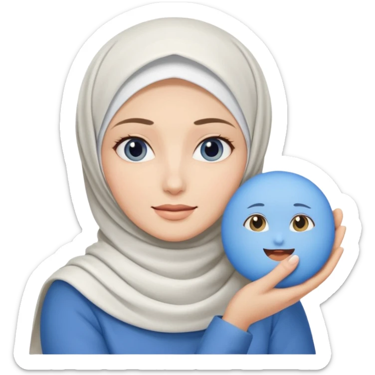 white pretty woman with white hijab holding a blue cushion foundation emoji sticker