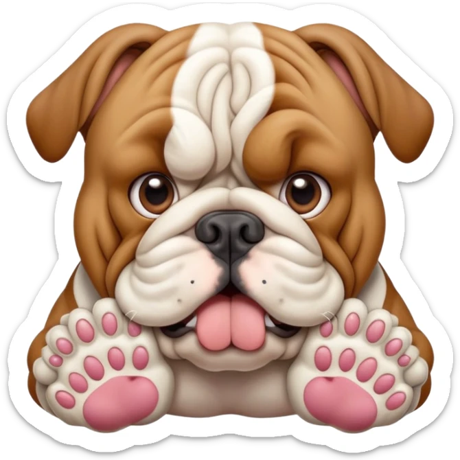 British bulldog dog with paws out in front of face in a surprised pose sticker