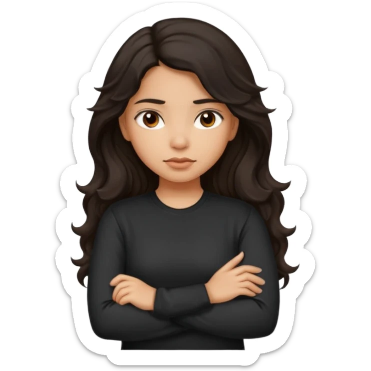 Hispanic girl dark long wavy hair crossing her arms with slight pout wearing a black long sleeve shirt sticker