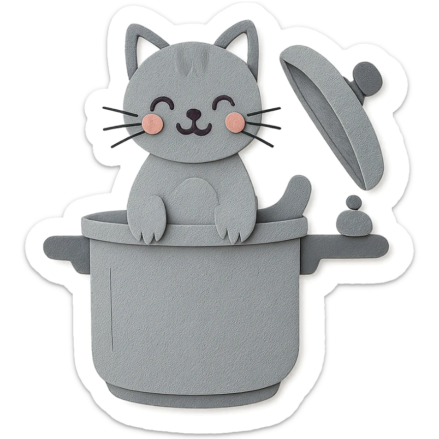 cute cat-shaped pressure cooker, popping out of the lid, playful face, soft grey, full-body sticker