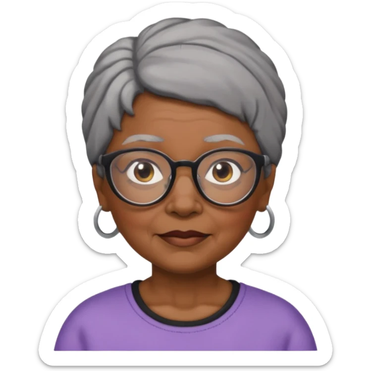 emoji of a black grandma women with black and gray hair in a low ponytail with glasses and brown eyebrows sticker