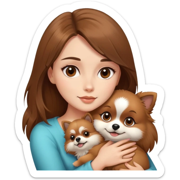 beautiful woman with brown straight hair and brown eyes hugs a puppy Pomerania sticker