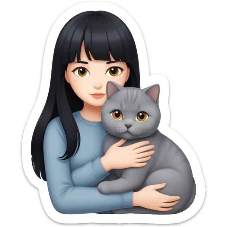 A beautiful girl with long black hair and bangs hugs a British Shorthair sticker