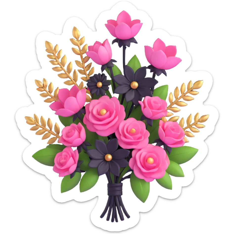 minimal 3D gothic bouquet with gold accents, pink and black flowers, simple and elegant sticker