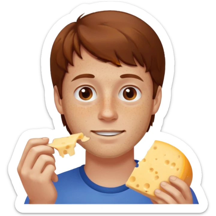 Man with brown hair and white skin and freckles, eating cheese sticker