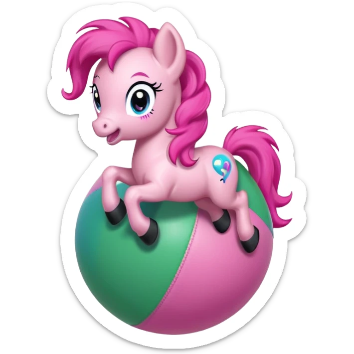 Pinkie Pie pony from My Little Pony happily bouncing on a big colorful ball, cartoon style, bright colors, cheerful expression, background with green meadow or playground sticker