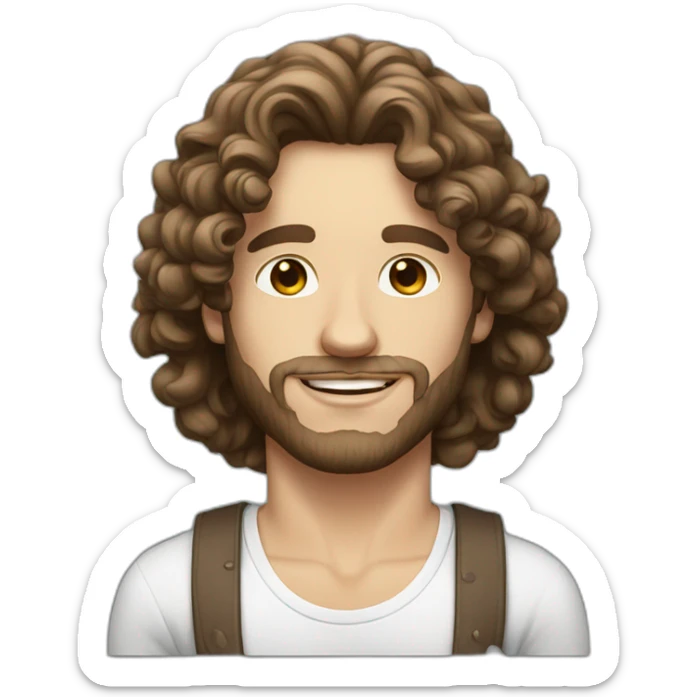 white skin men with long brunette curly hair with a perfum bottle sticker
