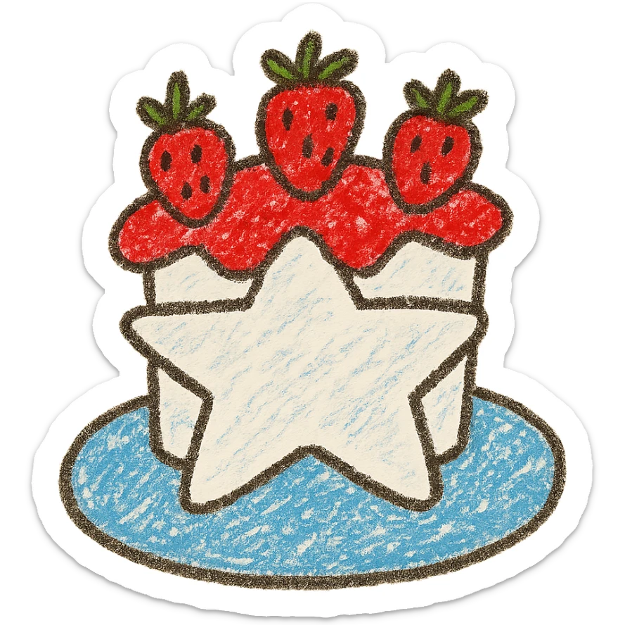 star-shaped white cake with strawberries on top, whimsical and bright, children doodle style sticker