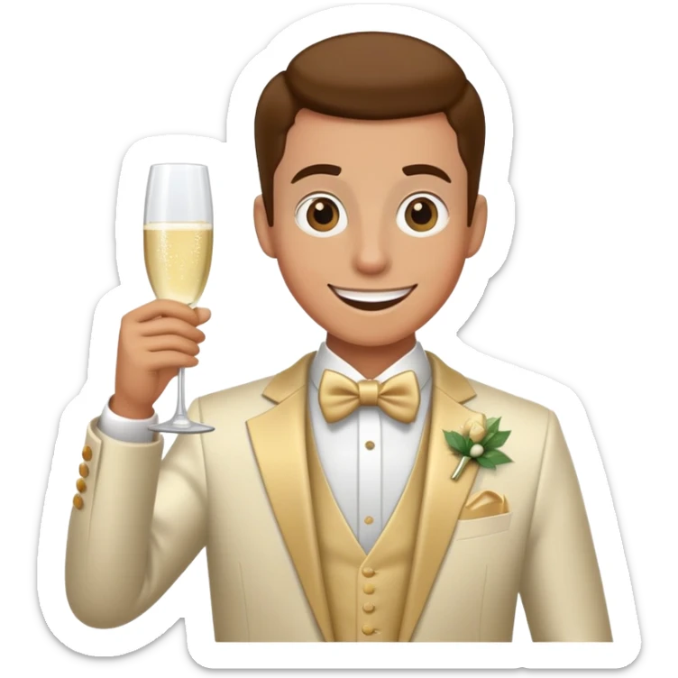 Wedding crasher character in fancy clothes trying to blend in at a wedding reception, holding champagne glass, goofy smile sticker