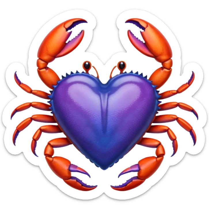 A heart with a crab on top of it, and the color of the heart is between blue and purple. sticker