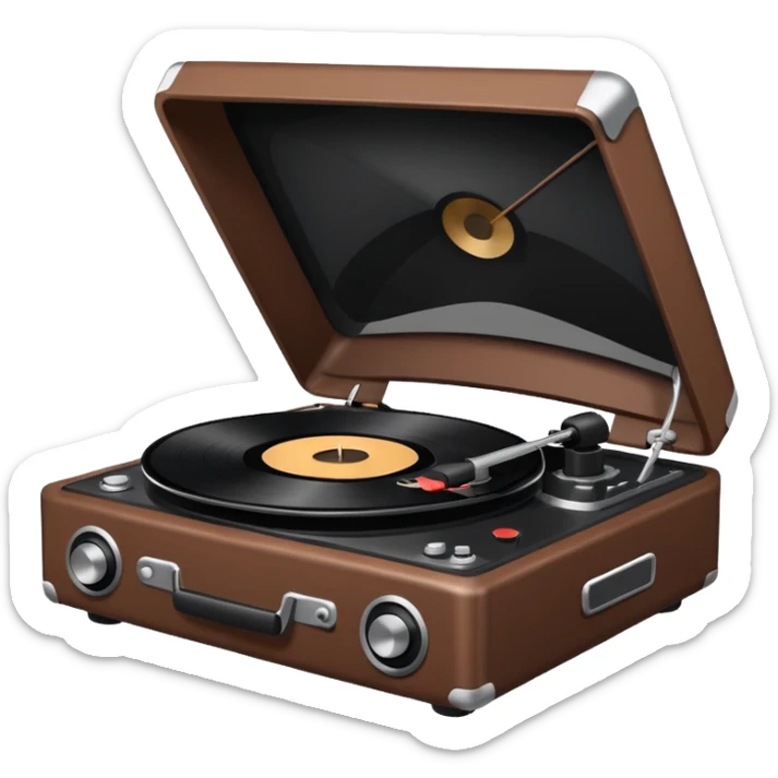 A brown record player spins a stark black vinyl under the veil of dusk. sticker
