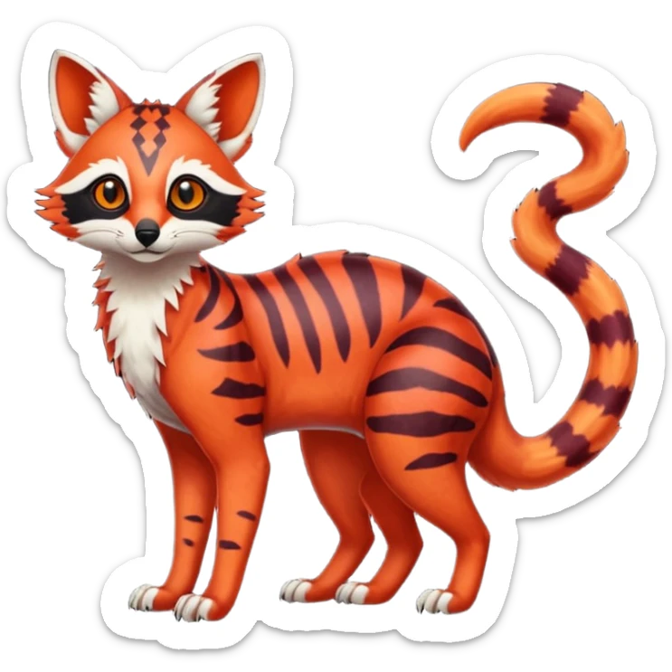 Rare realistic red burgundy sanguine orange black gradients lush tropical exotic cute epic pretty beautiful handsome gorgeous aesthetic colorful vibrant Vernid-Protogen-Primagen-Wickerbeast-Genet-Trico-species-Fakemon-hybrid-creature by LiLaiRa, beautiful intricate markings, full body sticker
