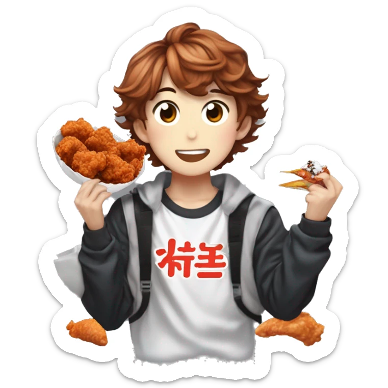 kpop singer (felix of stray kids) who has brunette hair(almost shoulder length) with freckles is eating korean fried chicken (양념치킨)  sticker