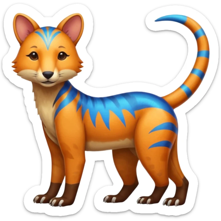 Colorful brown with blue and orange tropical exotic shiny beautiful fantasy-Thylacine-Vernid-Cacomistle-Oncilla-animal-Fakémon-hybrid-fursona (full body) sticker