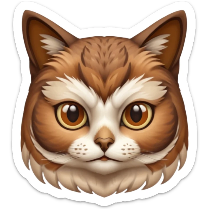 An cats head with a brown on top of the head of the cat the cats head infused with an white owls body with brown wings sticker