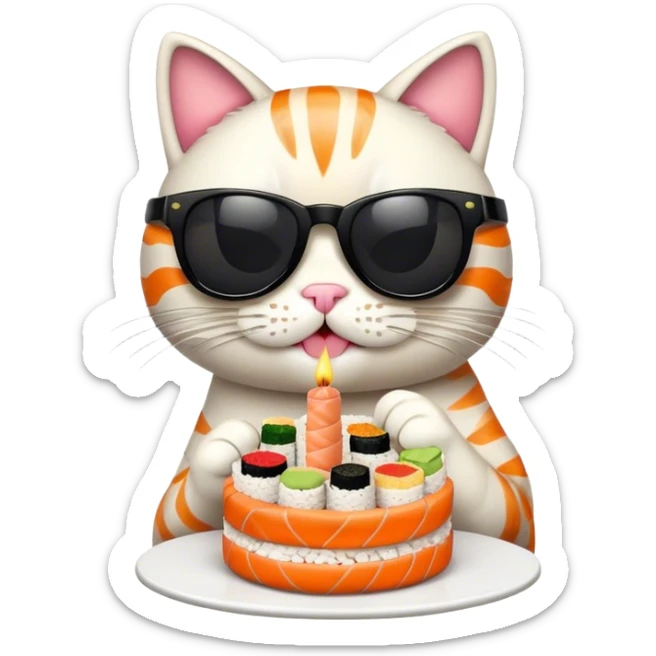 cool cat wearing sunglasses eating a birthday cake made out of sushi sticker