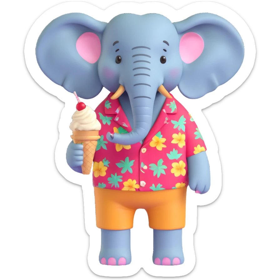 elephant in a Hawaiian shirt and shorts, holding an ice cream, summer vibe sticker