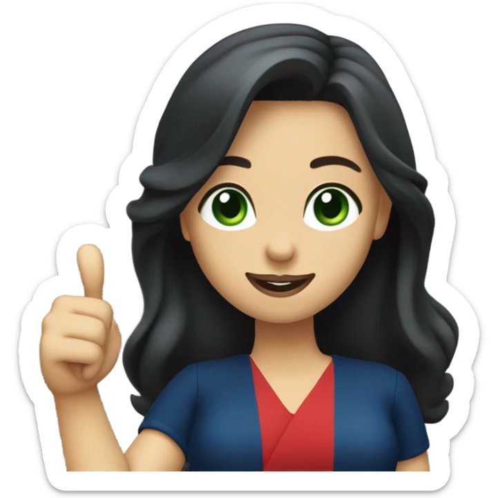 
a brunette with long hair and green eyes, with red lips and in a dark blue dress shows a thumbs up sticker