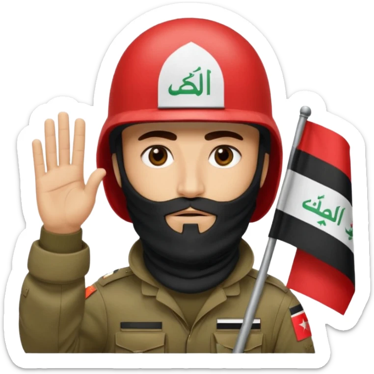 surrenders, depicts an Iraqi soldier from 1980, with a beard, in a helmet, a helmet with sign flag Iraq, with a balaclava, with sad eyes and both hands raised up sticker