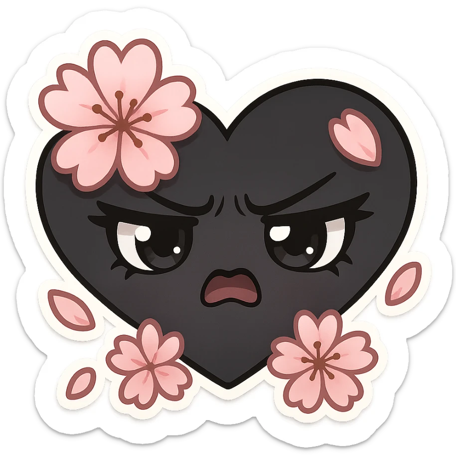 goth sakura heart, black heart with pink cherry blossom petals, cute and dramatic sticker